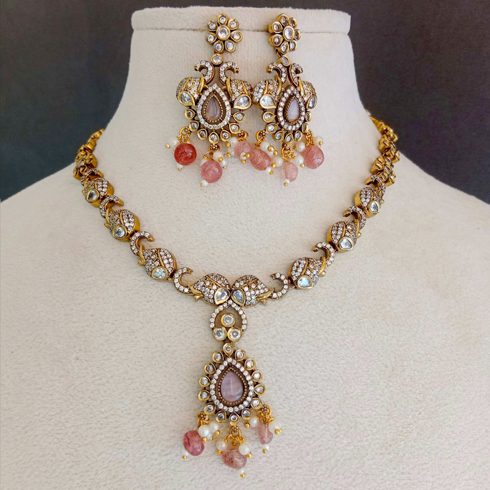 Handmade Brass Metal Jewellery Pink Pendant Necklace Set